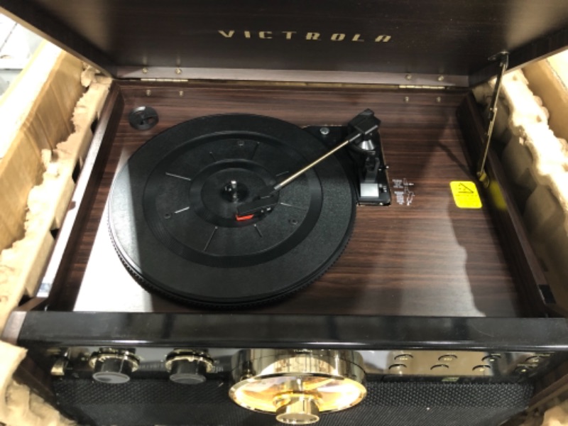 Photo 4 of Victrola Empire Mid-Century 6-in-1 Turntable with 3 Speed Record Player, Bluetooth Connectivity, Radio, Cassette and CD Player (Espresso) Espresso Record Player