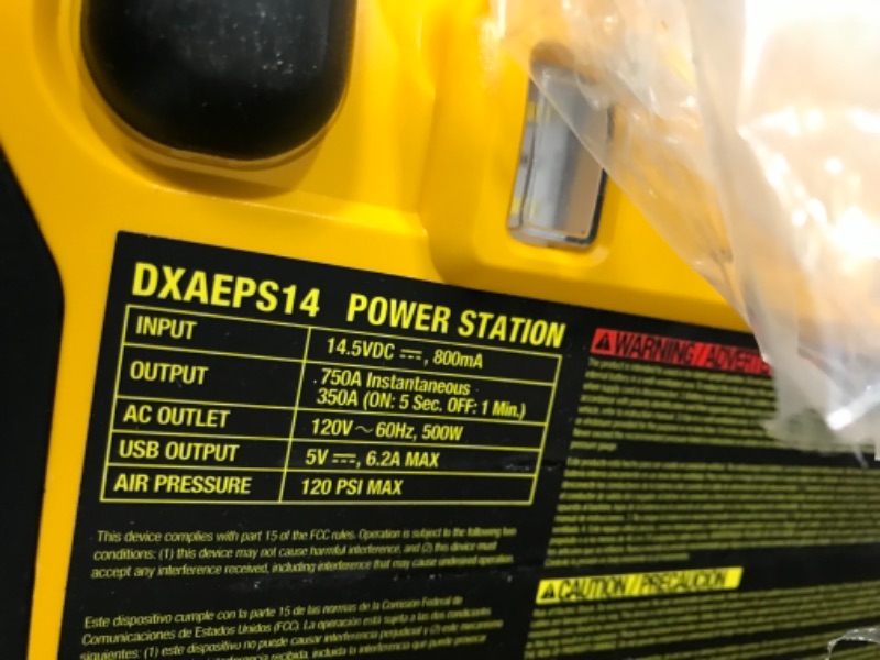 Photo 1 of DEWALT DXAEPS14 1600 Peak Battery Amp 12V Automotive Jump Starter/Power Station with 500 Watt AC Power Inverter, 120 PSI Digital Compressor, and USB Power , Yellow