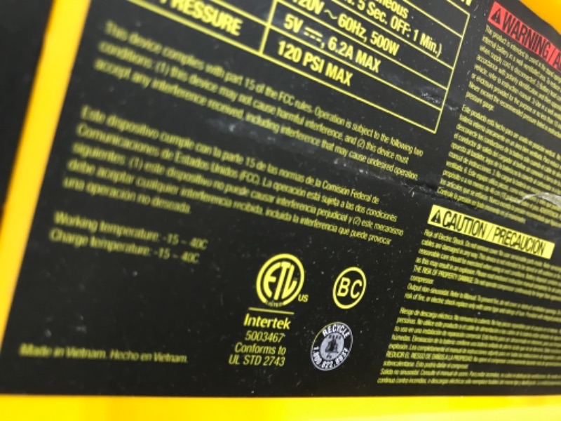 Photo 1 of DEWALT DXAEPS14 1600 Peak Battery Amp 12V Automotive Jump Starter/Power Station with 500 Watt AC Power Inverter, 120 PSI Digital Compressor, and USB Power , Yellow