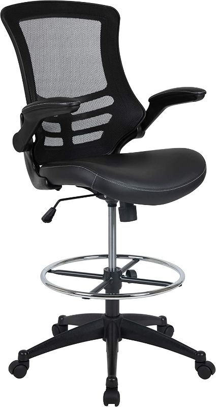 Photo 1 of Flash Furniture Kelista Mid-Back Black Mesh Ergonomic Drafting Chair with LeatherSoft Seat, Adjustable Foot Ring and Flip-Up Arms
