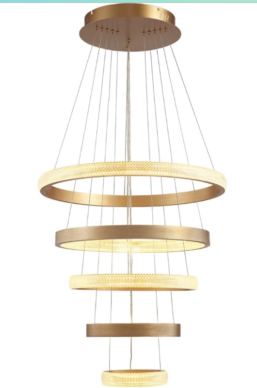 Photo 1 of 7PMBEANE Gold Ring Chandelier LED Acrylic Hanging Light Fixture with Adjustable Wires 3 Colors Change for Living Dining Room 5 Rings