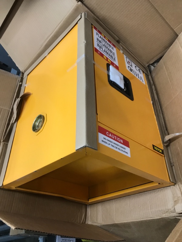 Photo 2 of **DAMAGED** 12 Gallon Safety Cabinet for Flammable Liquids Single door and Manual Close Yellow Hazardous Storage
