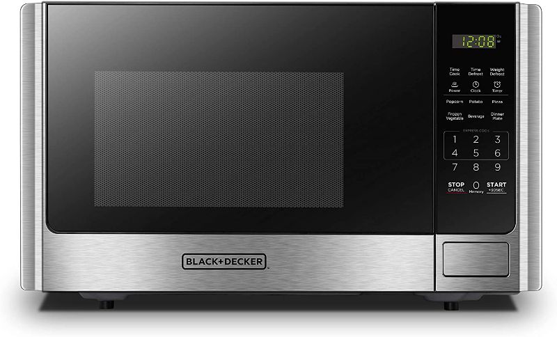 Photo 1 of **DAMAGED SIDE** BLACK+DECKER Digital Microwave Oven with Turntable Push-Button Door, Child Safety Lock, Stainless Steel, 0.9 Cu Ft
