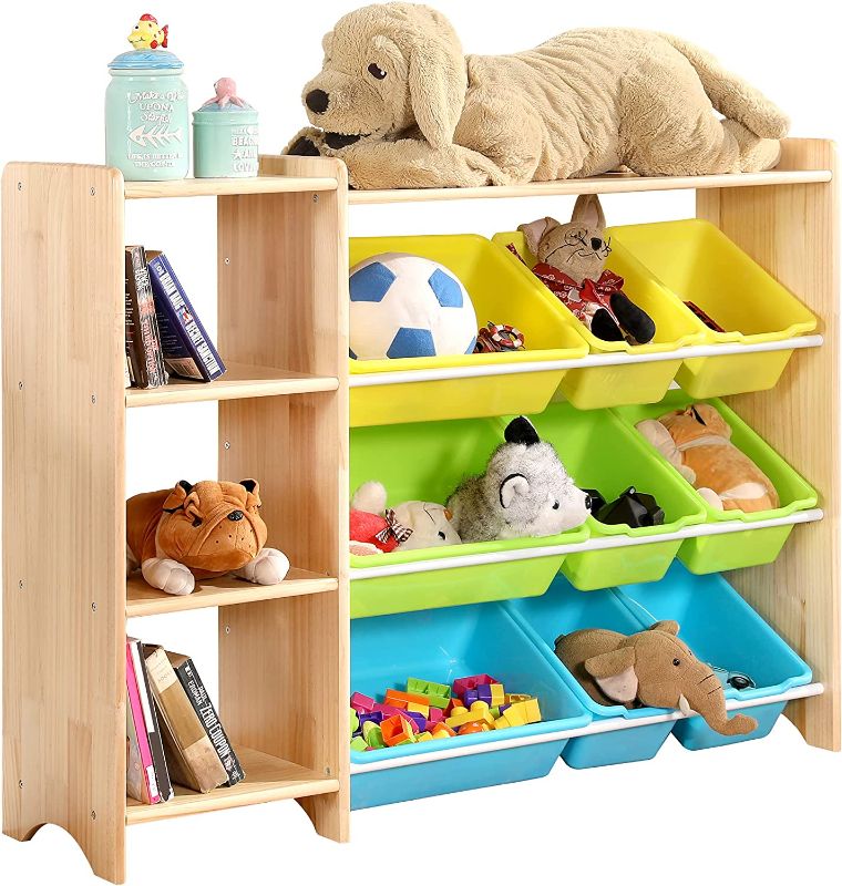 Photo 1 of MallBest 4-Tier Kids' Toy Storage Organizer Shelf - 100% Solid Wood,Children's Storage Cabinet with 9 Plastic Bins and 3 Storage Ports (Varnish)
