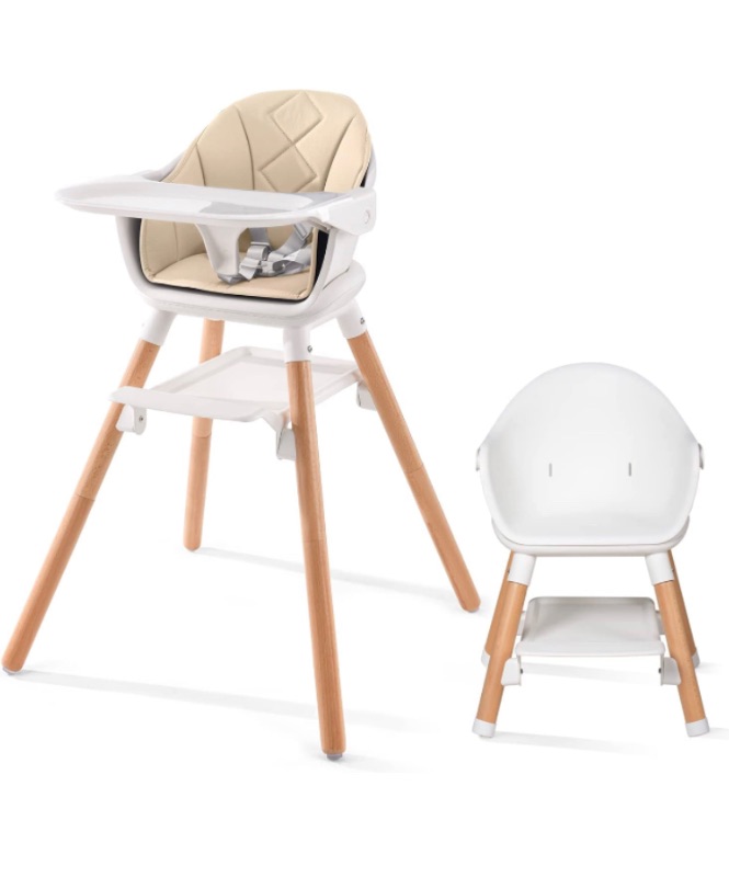 Photo 1 of Beberoad Love Baby High Chair, 4 in 1 Wooden Highchair Convertible High Chair Booster Toddler Chair with Double Removable Tray, 5-Point Harness & PU Cushion for Babies Infants Toddlers White