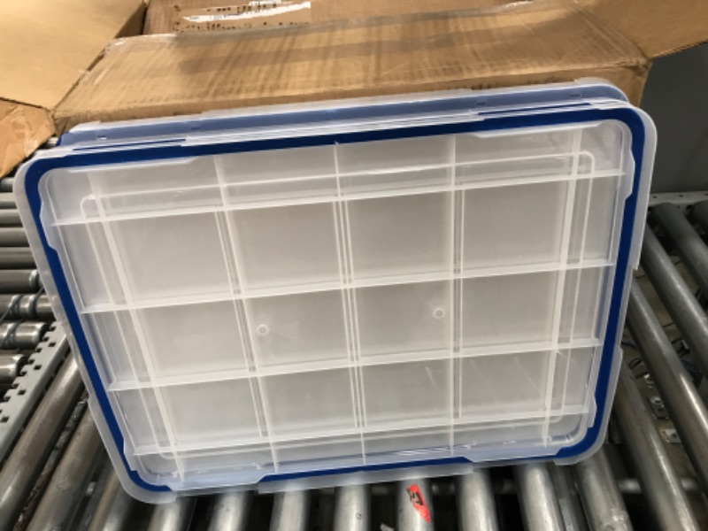 Photo 2 of ***Damaged IRIS USA 26.5 Quart WEATHERPRO Plastic Storage Box with Durable Lid and Seal and Secure Latching Buckles, Clear With Blue Buckles, Weathertight, 3 Pack
