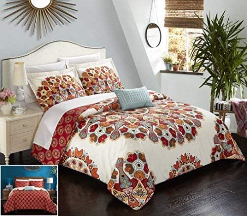 Photo 1 of Chic Home Maxim 4 Piece Reversible Duvet Cover Set Microfiber Large Scale Paisley Print with Contemporary Geometric Patterned Backing Zipper Closure Bedding with Decorative Shams, King Red
