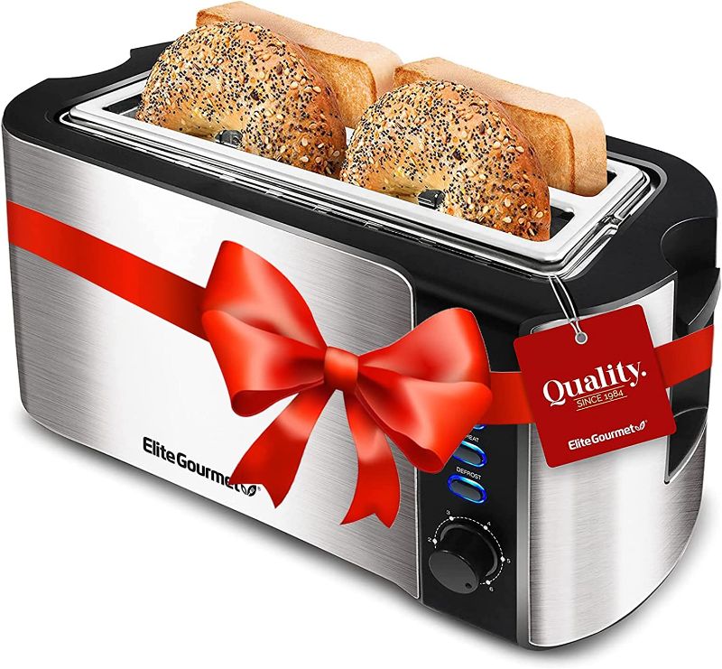 Photo 1 of Elite Gourmet ECT-3100 Long Slot 4 Slice Toaster, Reheat, 6 Toast Settings, Defrost, Cancel Functions, Built-in Warming Rack, Extra Wide Slots for Bagels & Waffles, Stainless Steel & Black
