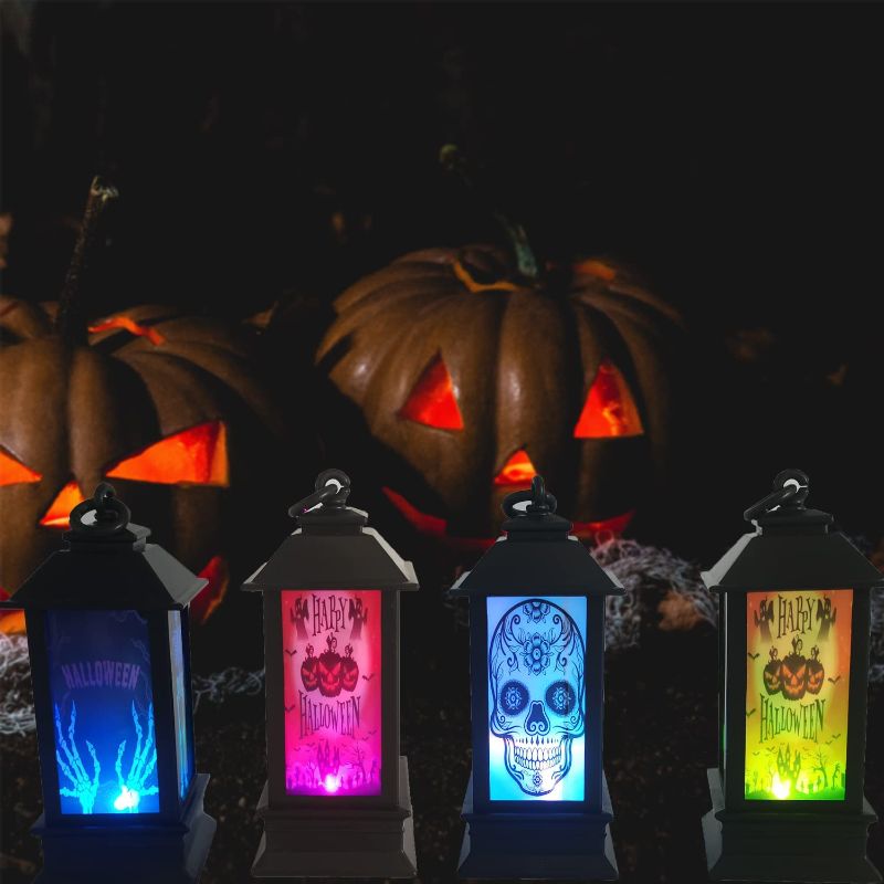 Photo 1 of 4 Pcs Halloween Portable Lantern Lights, Mini Skeleton Skull Head Pumpkin Decorative Flameless Lantern Lamp for Home Bar Halloween Party Decor
