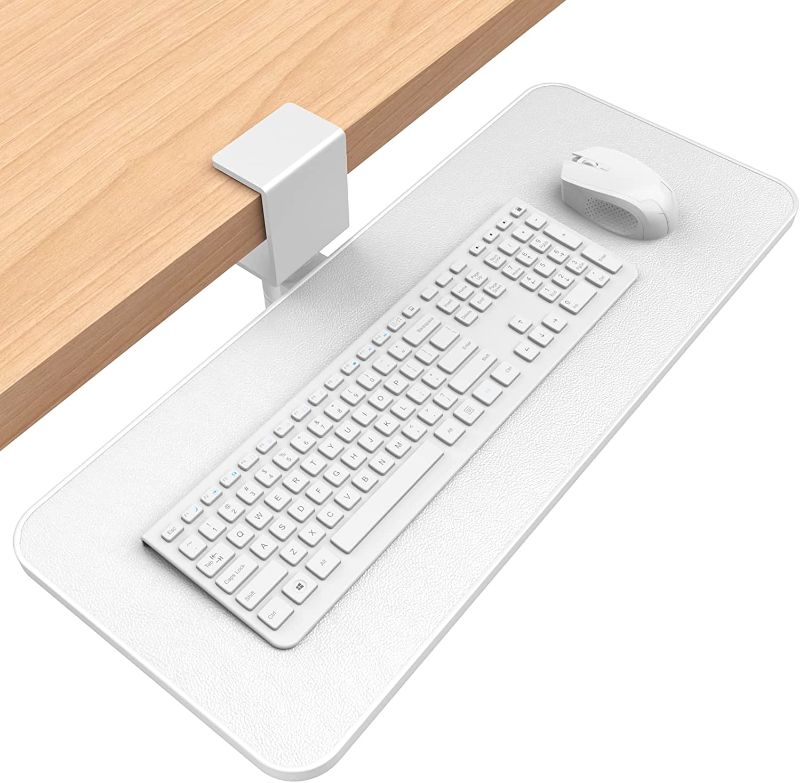 Photo 1 of **MISSING PARTS** Rotating Keyboard Tray Under Desk - Klearlook PU Leather Keyboard Drawer Adjustable C Clamp,Ergonomic Mouse Keyboard Platform Extender,No Drilling,Easy Install Keyboard Stand,23.62"x 9.84"Inch-White
