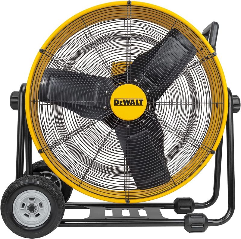Photo 1 of **NON FUNCTIONAL** DOESNT POWER ON WHEN TESTED** DEWALT Drum Fan High-Velocity Industrial, Drum, Floor, Barn, Warehouse Fan, Heavy Duty Air Mover with Adjustable Tilt & Large Wheel, 24", Yellow DXF2490

