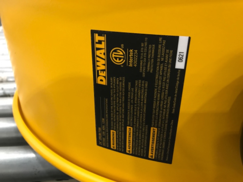 Photo 3 of **NON FUNCTIONAL** DOESNT POWER ON WHEN TESTED** DEWALT Drum Fan High-Velocity Industrial, Drum, Floor, Barn, Warehouse Fan, Heavy Duty Air Mover with Adjustable Tilt & Large Wheel, 24", Yellow DXF2490
