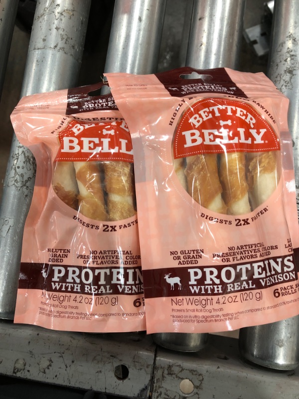 Photo 1 of BBD -- 04/01/2025---Better Belly Proteins with Real Venison Small Rolls 6 Count, Digestible Rawhide for Dogs, 4.2 OZ -2  PACK 
