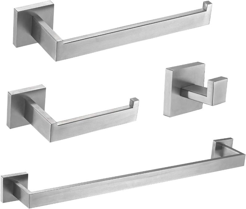 Photo 1 of Brushed Nickel 4-Piece Bathroom Hardware Accessories Set Square Includes 24 Inch Towel Bar Towel Holder Toilet Paper Holder and Towel Hooks,SUS 304 Stainless Steel Wall Mounted