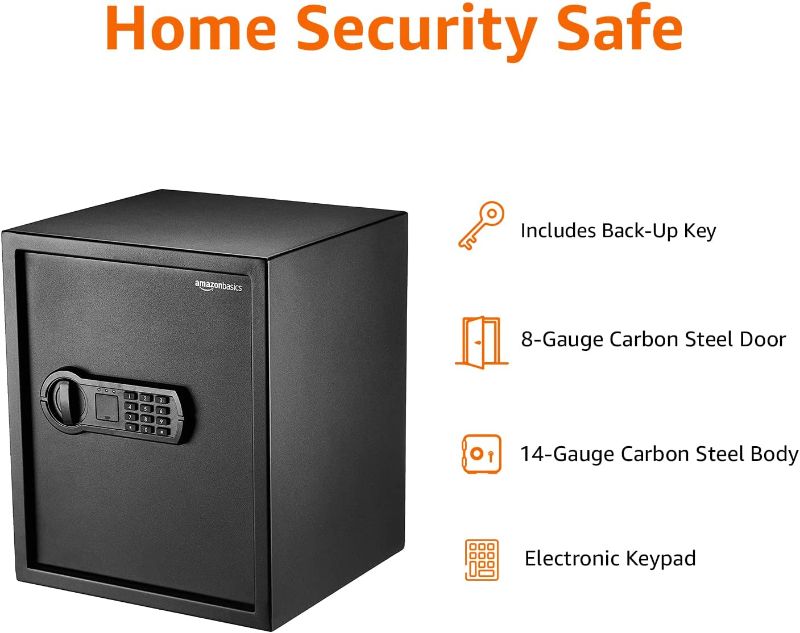 Photo 1 of Amazon Basics Steel Home Security Safe with Programmable Keypad - Secure Documents, Jewelry, Valuables - 1.52 Cubic Feet, 13.8 x 13 x 16.5 Inches, Black
