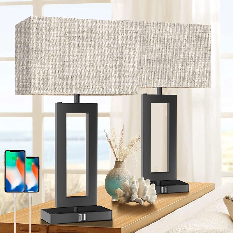 Photo 1 of 22’’ Set of 2 Table Lamps for Living Room, Modern Bedside Lamps w. 2 USB Ports, 3-Way Dimmable Touch Control Nightstand Lamp Set w. Fabric Cream Shade for Bedroom End Table, LED Bulbs Included
