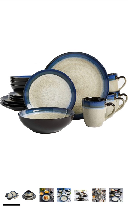 Photo 1 of Gibson Elite Couture Bands Round Reactive Glaze Stoneware Dinnerware Set, Service for Four (16pcs), Blue and Cream