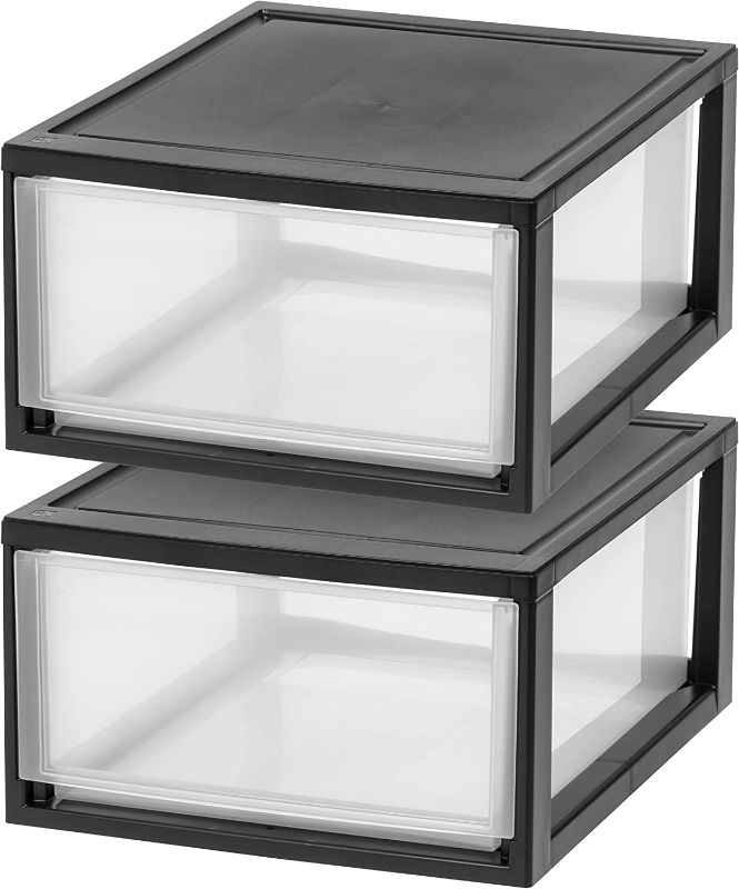 Photo 1 of IRIS USA Stackable Storage Drawer, Plastic Drawer Organizer with Clear Doors for Pantry, Bedroom, Closet, Desk, Kitchen, Home and Office De-Clutter, Store Under-Sink, Shoes and Crafts - Black, 2 Pack
