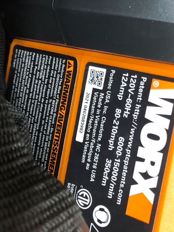 Photo 1 of ***PARTS ONLY****/WORX WG509 12 Amp TRIVAC 3-in-1 Electric Leaf Blower with All Metal Mulching System w/ Debris Collection Bag Blower