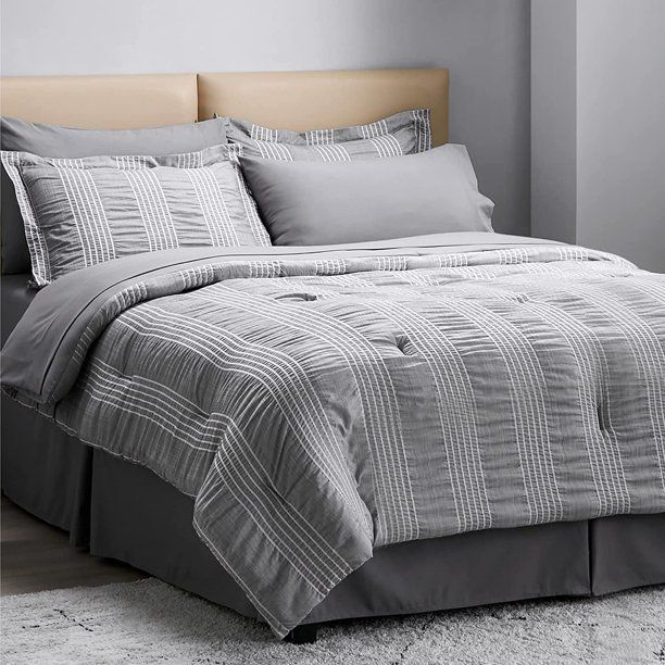 Photo 1 of BEDSURE King Size Comforter Sets King Bed in a Bag - 8 Piece Stripes Seersucker Bedding Set Soft Lightweight Down Alternative Comforter King Bed Set(Grey 102x90 inch)
