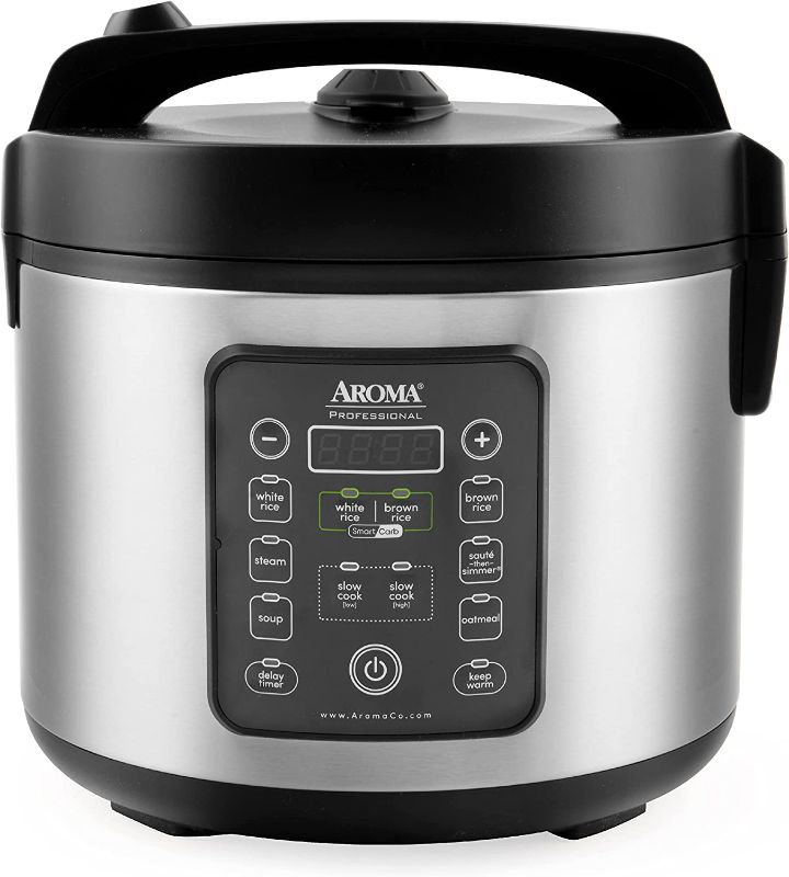 Photo 1 of Aroma Housewares ARC-1120SBL SmartCarb Cool-Touch Stainless Steel Rice Multicooker Food Steamer, Slow Cooker with Non-Stick Inner Pot and Steam Tray, 20-Cup(cooked)/ 5Qt, Black
**Tested**