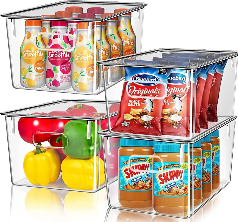 Photo 1 of Clear Plastic Storage Bins for Fridge-Stackable 4 Pcs Fridge Organizers and Storage Clear with Lids Refrigerator Organization Kitchen Pantry Storage Bins Cabinet Clear Containers for Organizing
