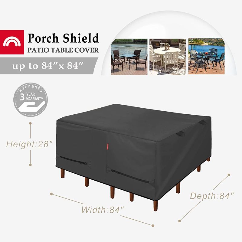 Photo 1 of Porch Shield Patio Table Cover - Waterproof Outdoor Dining Table and Chairs Furniture Set Cover Square - 84 x 84 inch, Black
