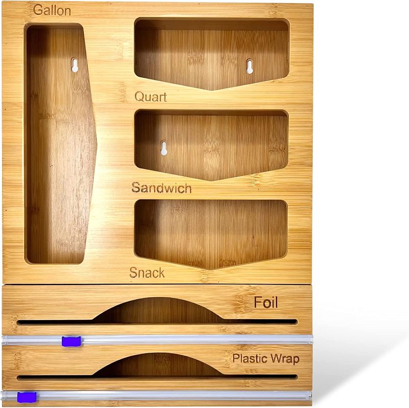 Photo 1 of Compartmate Kitchen Drawer Organizer - Handsome Bamboo with Cutters. 6-in-1 Holds Gal,Qt, Sandwich, Snack, Plastic Wrap, Aluminum Foil Dispenser. Includes Hardware for Wall Mount
