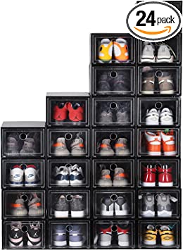 Photo 1 of 24 Pack Shoe Storage Boxes, Shoe Box Clear Plastic Stackable, Drawer Type Front Opening Shoe Holder Containers (Black)
