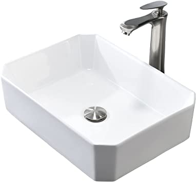 Photo 1 of Above Counter Bathroom Vessel Sink-Hovheir 20x15 inch Bathroom Sink and Faucet Combo White Vanity Sink Ceramic Bowl Sink Countertop Sink Brushed Nickel Tall Vessel Faucet Pop-up Drain Included
