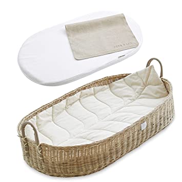 Photo 1 of BEBE BASK Premium Baby Changing Basket - Handmade Natural Rattan Moses Basket - Luxury Leaf Liner - Thick & Waterproof Bamboo Pad - Vegan Leather Baby Changing Mat - Baby Changing Pad
