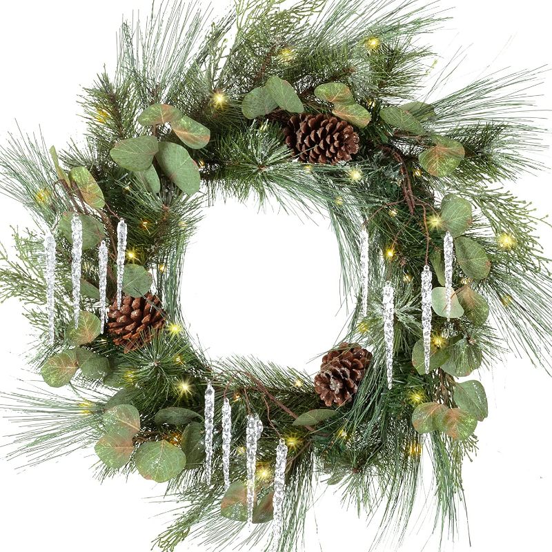 Photo 1 of KI Store Christmas Wreath for Front Door with Lights and Timer 24-Inch Iced Pine Wreath with Icicles and Pine Cones for Winter Wedding Xmas Decor (Not Pre-Stranded)
