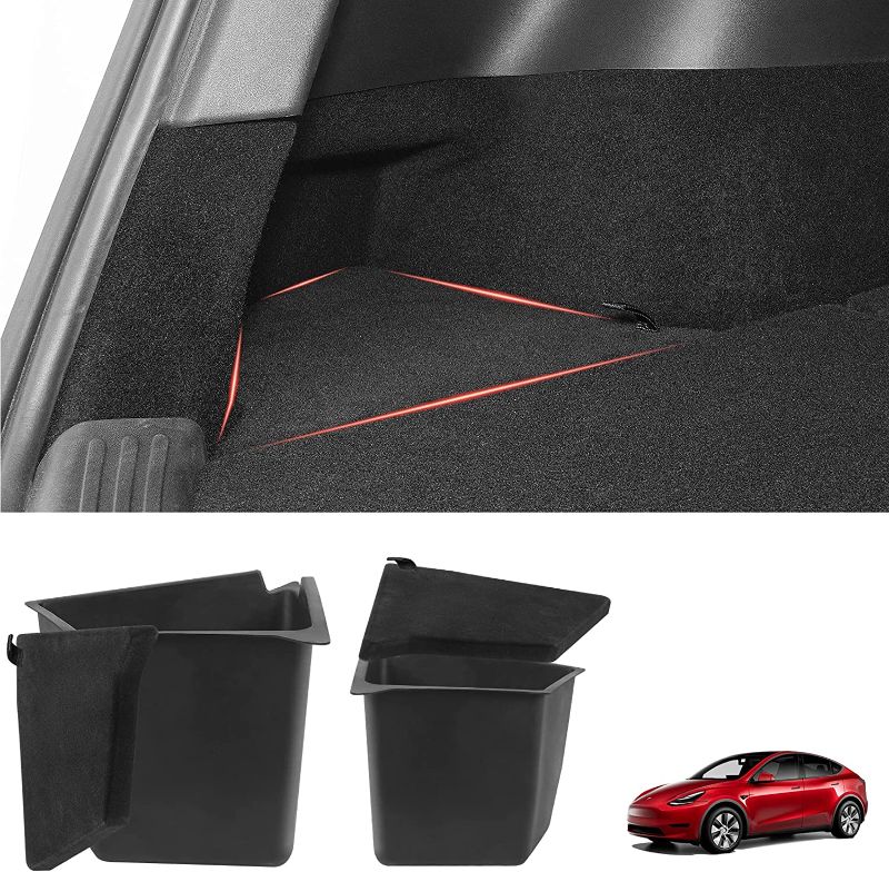 Photo 1 of Basenor 2023 2022 2021 2020 Tesla Model Y Trunk Organizer Waterproof Rear Trunk Storage Bins Side Box with Carpeted Lip Interior Accessories Set of 2
