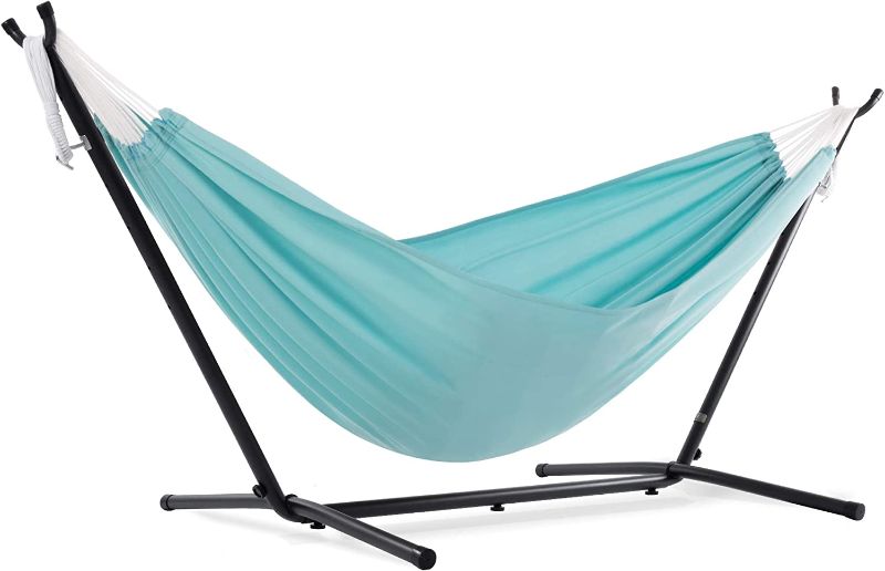 Photo 1 of  Double Polyester Hammock with Space Saving Steel Stand, Aqua (450 lb Capacity - Premium Carry Bag Included)
