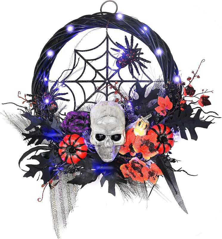 Photo 1 of 21"Halloween Wreaths for Front Door with Lights,Vlorart Skull Wreaths with Maple Leaf, Rose and Pumpkin,Lighted Front Door Wreath for Halloween Wall Fireplace Home Indoor Outdoor Skeleton Decorations
