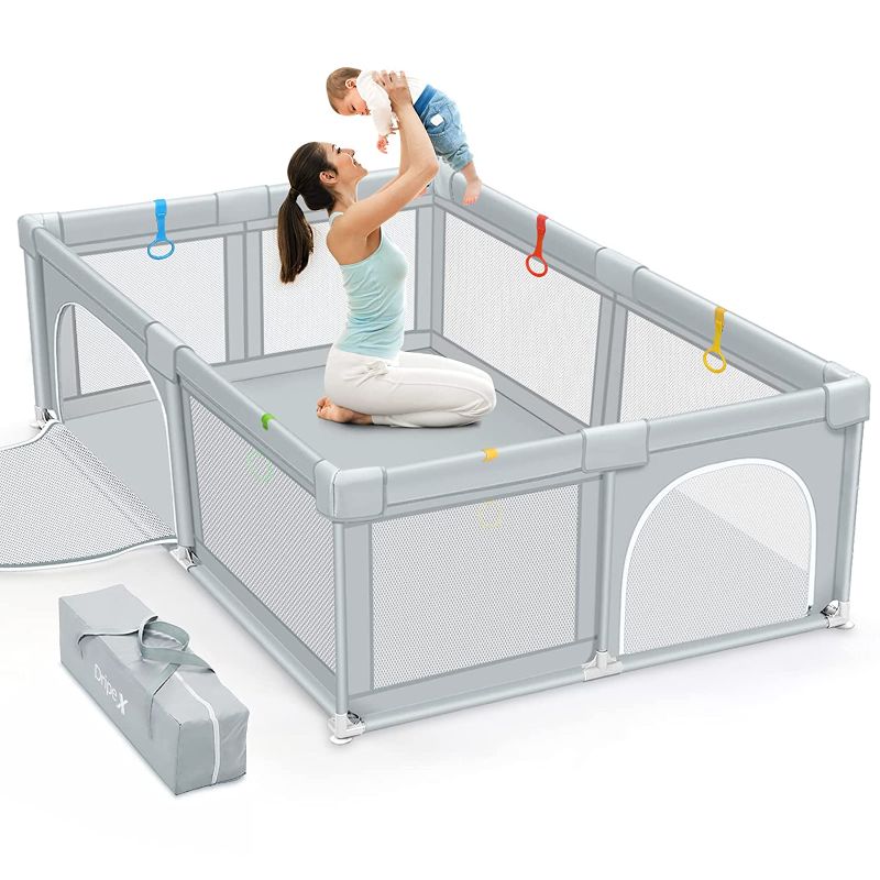 Photo 1 of Dripex Baby Playpen, Large Baby Playards with Zipper Gates, Kids Play Pen, Safe No Gaps, See-Through mesh, Play Pens for Babies and Toddlers, Baby Gate Playpen, Baby Fence (Grey 79*59 inch)
