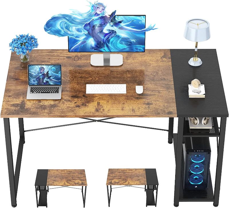 Photo 1 of Ecoprsio Computer Desk, 39 Inch Small Desk for Small Space, Modern Study Writing Desk with Storage Shelves, Reversible Laptop Table for Home Office, Gaming Room, Bedroom, Workstation, Rustic and Black
