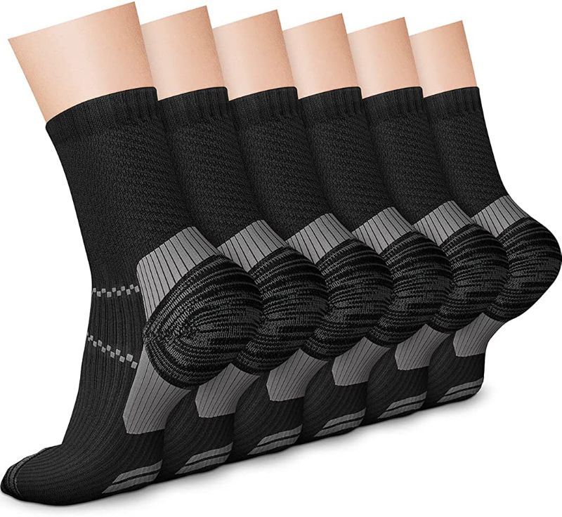 Photo 1 of CHARMKING 6 Pairs Crew Compression Socks for Women & Men Circulation 15-20 mmHg is Best for All Day Wear Running Nurse
size : S/M