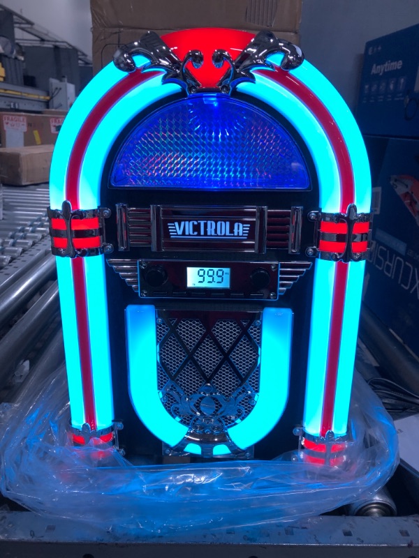 Photo 2 of Victrola Nostalgic Wood Countertop Jukebox with Built-in Bluetooth Speaker, 50's Retro Vibe, 5 Bright Color-Changing LED Tubes, FM Radio, Wireless Music Streaming, AM/FM Radio, Aux Input