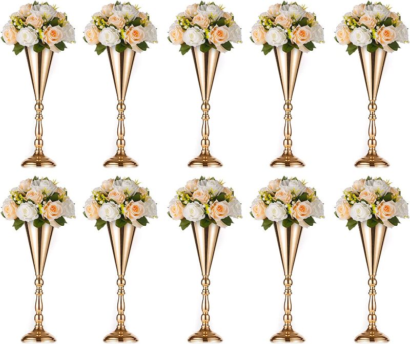 Photo 6 of 40 Pcs Tabletop Gold Metal Wedding Flower Trumpet Vase, 16.5 inch Table Decorative Centerpiece Artificial Flower Arrangements for Anniversary Ceremony Party Birthday Event Home Decoration (Gold)