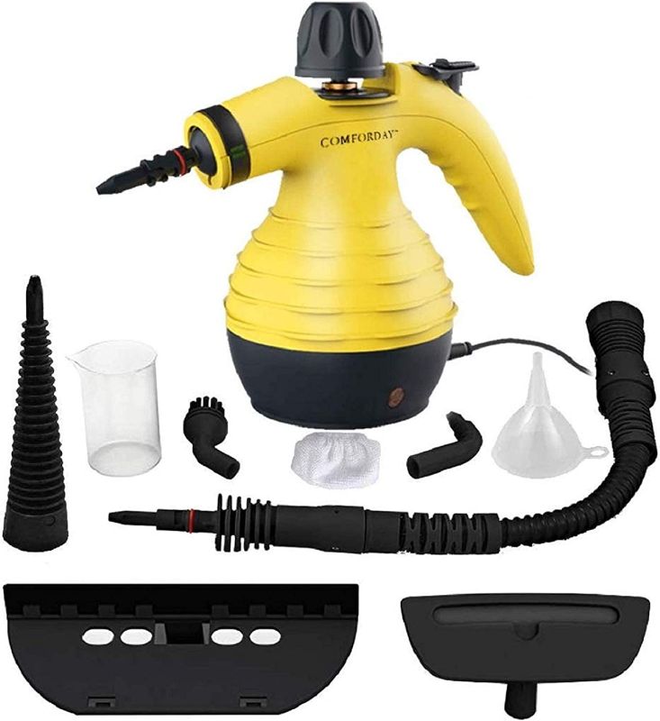 Photo 1 of Comforday Multi-Purpose Handheld Pressurized Steam Cleaner with 9-Piece Accessories, Perfect for Stain Removal, Curtains, Car Seats, Floor, Window Cleaning (Yellow)
