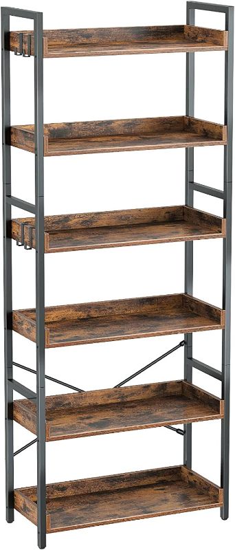 Photo 1 of Rolanstar Bookshelf 6 Tier with 4 Hooks , Industrial Wood Bookcase, Vintage Storage Rack with Open Shelves, Rustic Standing Bookshelves Metal Frame Display Rack for Living Room,Bedroom, Rustic Brown