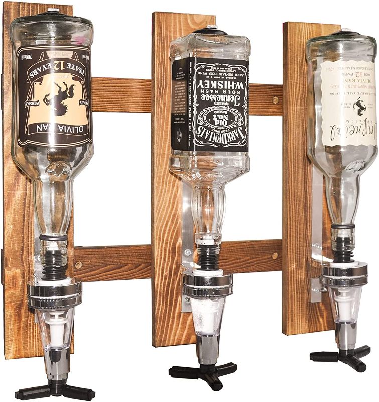 Photo 1 of Gesonlinka 3 Bottles Wall Mounted Liquor Dispenser, Drink Beverage Alcohol Wine Dispenser Bottle Wood Wall Shelf for Home Bar, Glass Drink Whiskey Dispenser for Parties (3 Dispensers)
