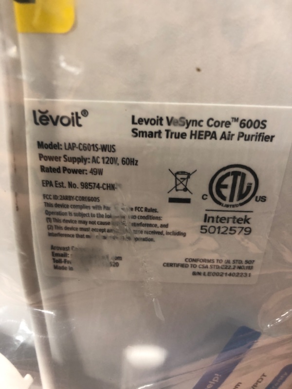 Photo 3 of *** TESTED*** LEVOIT Air Purifiers for Home Large Room, Covers up to 3175 Sq. Ft, Smart WiFi and PM2.5 Monitor, H13 True HEPA Filter Removes 99.97% of Particles, Pet Allergies, Smoke, Dust, Auto Mode, Alexa Control Core 600S White