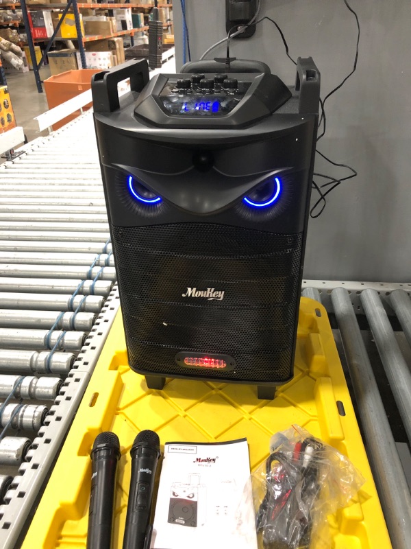 Photo 2 of Moukey Karaoke Machine, PA System Subwoofer, Portable Bluetooth Speaker w/ 2 Wireless Microphones, Lyrics Display Holder, Party Lights & Echo/Treble/Bass Adjustment, Support TWS/REC/AUX/MP3/USB/TF/FM 10" Subwoofer