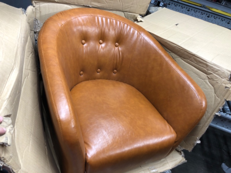 Photo 3 of Edenbrook Collins Button Tufted Barrel Wood Legs – Upholstered Tub Chair for Living Room, Camel Faux Leather