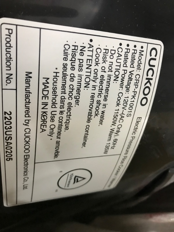 Photo 2 of CUCKOO CRP-PK1001S | 10-Cup (Uncooked) Pressure Rice Cooker | 12 Menu Options: Quinoa, Scorched Rice, GABA/Brown Rice, Multi-Grain & More, Voice Guide, Made in Korea | Black