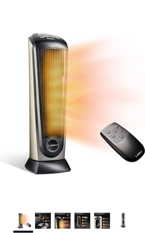 Photo 1 of Lasko Oscillating Ceramic Tower Space Heater for Home with Adjustable Thermostat, Timer and Remote Control, 22.5 Inches, Grey/Black, 1500W, 751320