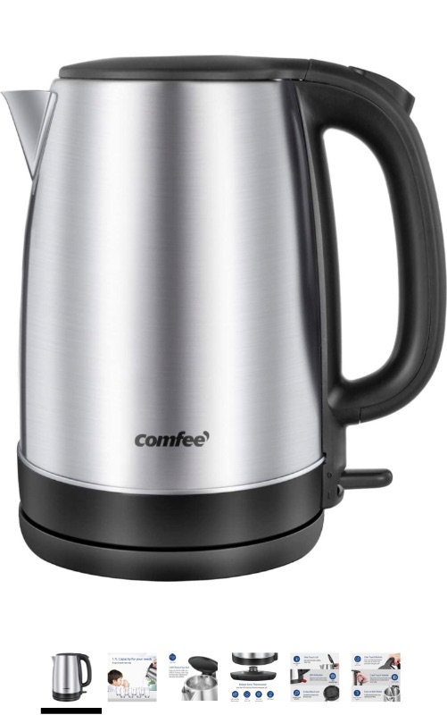 Photo 1 of Comfee 1.7L Stainless Steel Electric Tea Kettle, BPA-Free Hot Water Boiler, Cordless with LED Light, Auto Shut-Off and Boil-Dry Protection, 1500W Fast Boil