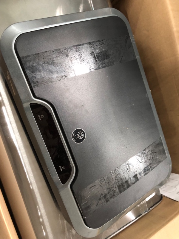 Photo 4 of **OPENED, MINOR DENTS**
EKO Mirage-T 50 Liter / 13.2 Gallon Touchless Rectangular Motion Sensor Trash Can, Brushed Stainless Steel Finish